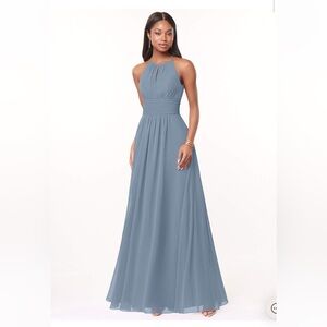 🔹🪁Azazie Bonnie ~ size Dusty Blue Flowy Keyhole Ruched Chiffon Dress